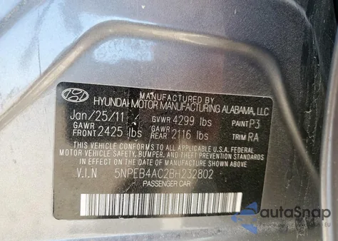 2011 Hyundai Sonata Gls z USA, uszkodzony, nr VIN 5NPEB4AC2BH232802